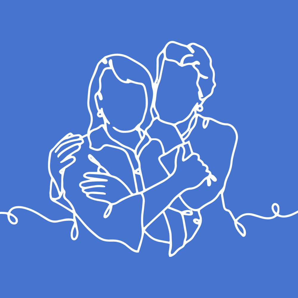 blue icon of two people hugging